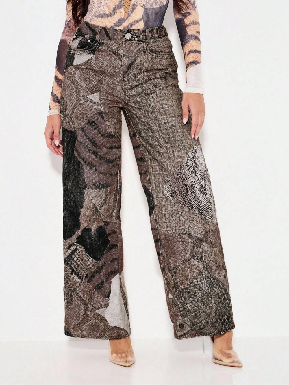 Miss guided KIZN Wide Leg Animal Print Pants - Brown size L US 8 - NEW